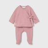 Pink baby outfit with long-sleeve top and pants on a light gray background