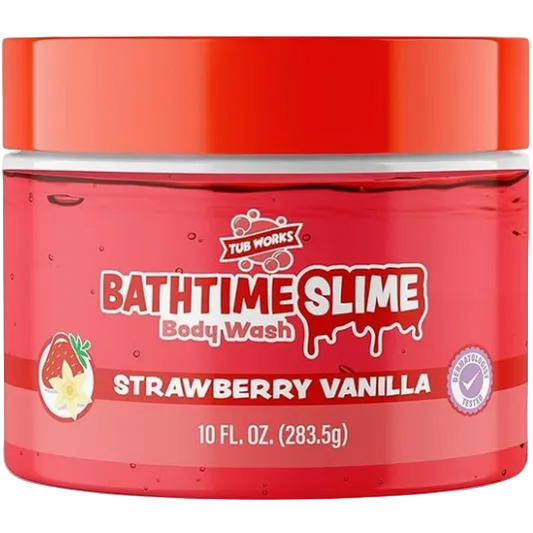 Red jar of Bathtime Slime Body Wash with strawberry vanilla flavor on a white background