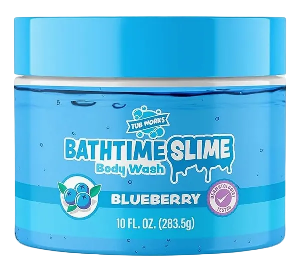 Blue container of Bathtime Slime Body Wash with blueberry flavor on a white background