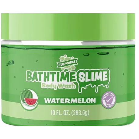 Green container of Bathtime Slime Body Wash with watermelon flavor on a white background