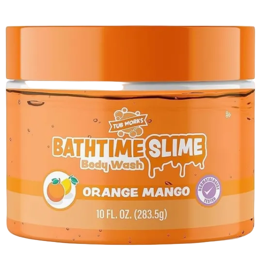 Orange and white container of Bathtime Slime Body Wash with 'Orange Mango' flavor on a white background