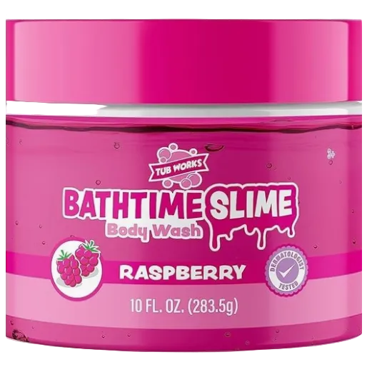 Pink jar of 'Bathtime Slime' body wash with raspberry flavor on a white background