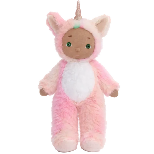 Plush toy in a pink unicorn costume with a white background