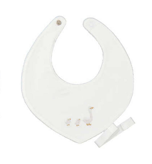 White baby bib with embroidered goose motif and snap closure, with attached pacifier clip, Mayoral newborn bib