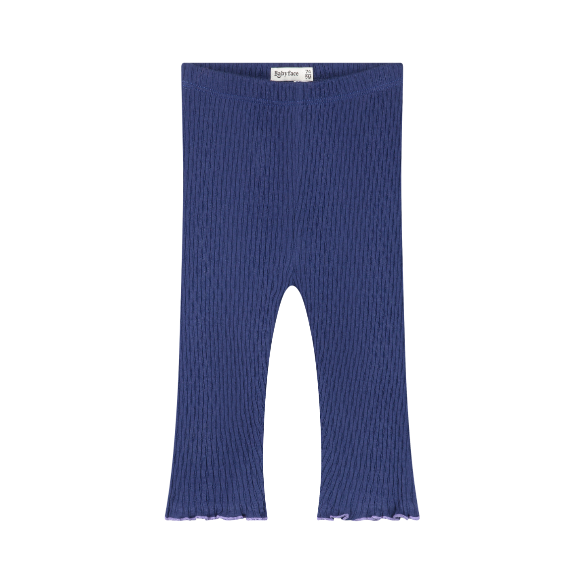 A pair of ribbed knit baby leggings in a deep blue color, featuring a wide waistband and flared legs with a ruffled edge, shown flat on a white background.