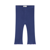 A pair of ribbed knit baby leggings in a deep blue color, featuring a wide waistband and flared legs with a ruffled edge, shown flat on a white background.