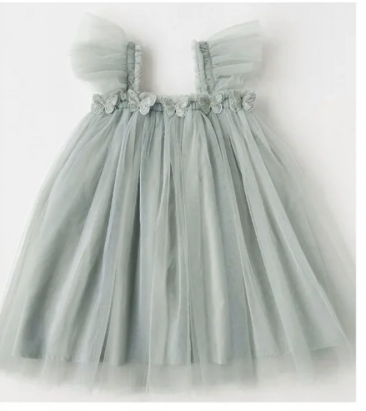 Sage Butterfly Patches Tulle Dress