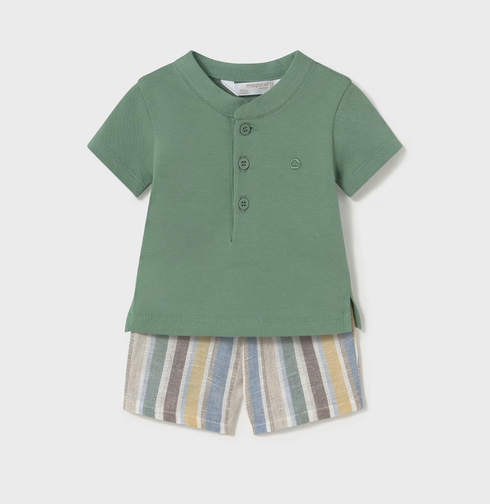 Green Polo Stripe Shorts Set