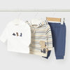Children's clothing set with a hoodie, pants, and shirt on hangers against a white background