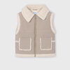 Beige vest with white collar and pockets on a light gray background