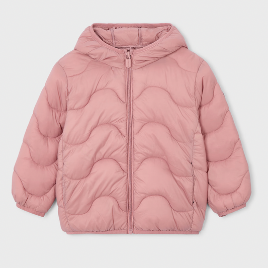 Pink quilted jacket with a hood on a light gray background