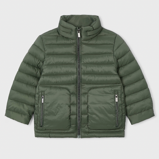Green puffer jacket on a light gray background