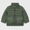 Green puffer jacket on a light gray background