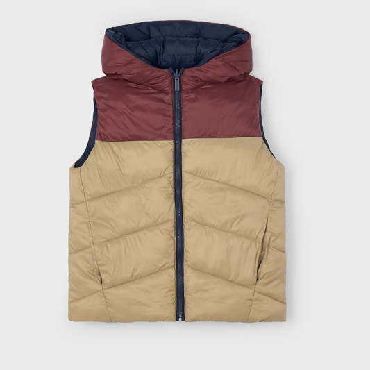 Two-tone puffer vest with maroon hood and beige body on a white background