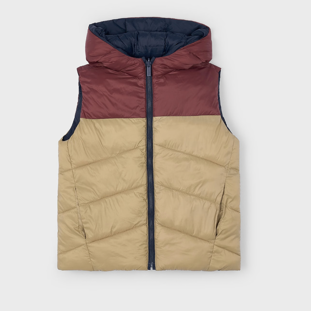 Two-tone puffer vest with maroon hood and beige body on a white background