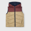 Two-tone puffer vest with maroon hood and beige body on a white background