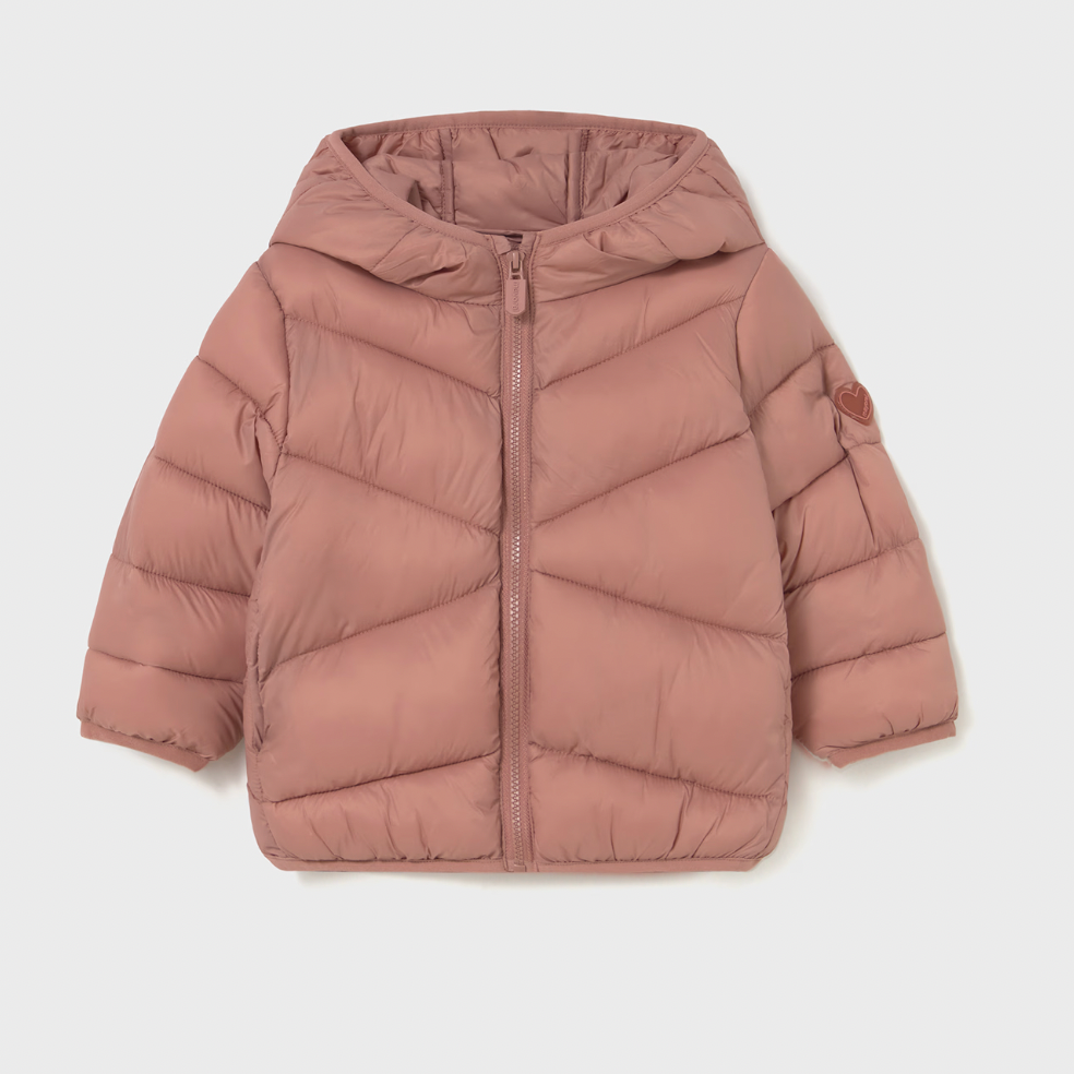 Pink puffer jacket on a light gray background