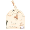 Beige baby hat with horse pattern and Copper Pearl label on a white background
