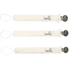 Three cream-colored baby bottle holders with metal clips on a white background