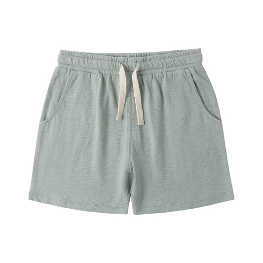 Light gray athletic shorts with a drawstring 