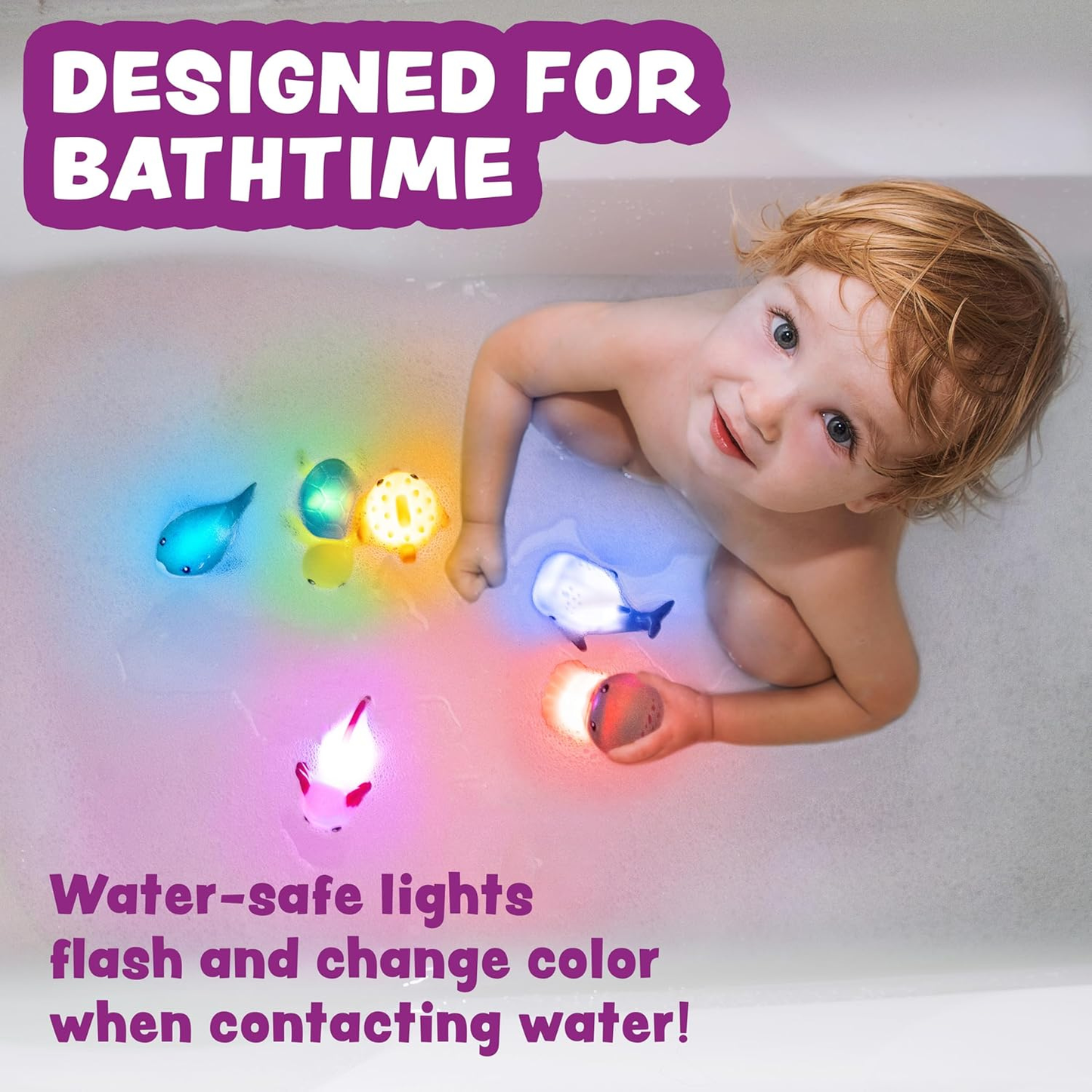 Colorful marine animal bath toys on a white background