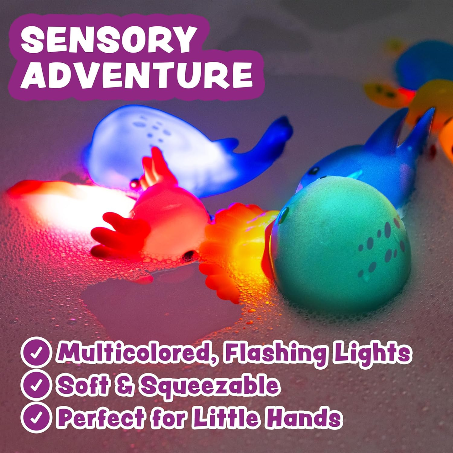 Colorful marine animal bath toys on a white background
