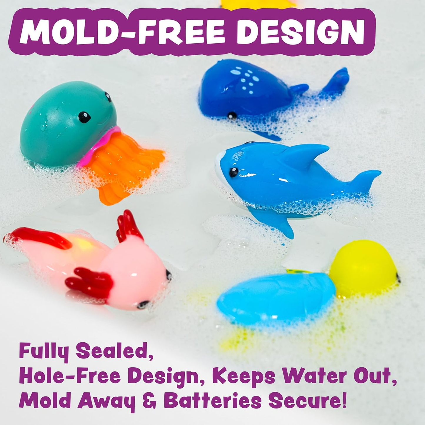 Colorful marine animal bath toys on a white background