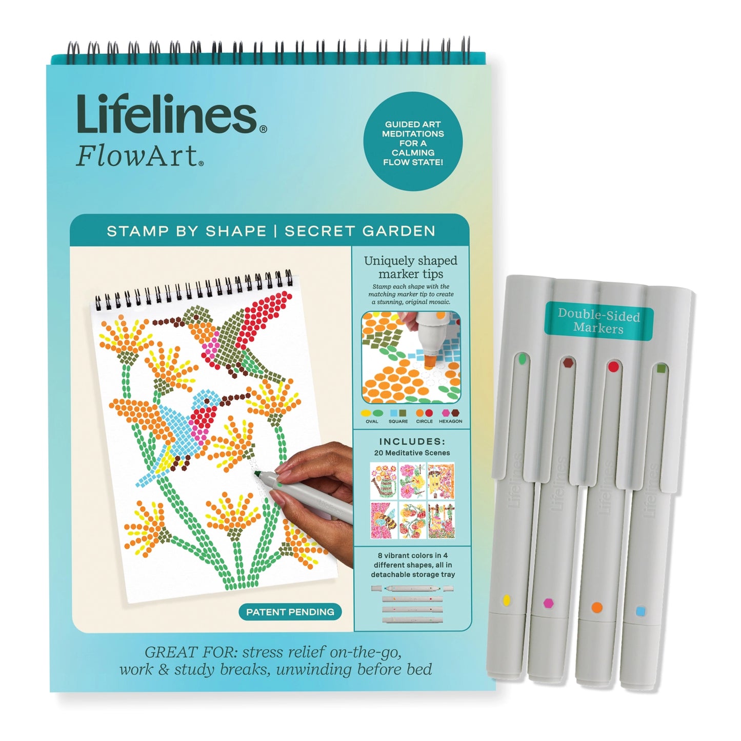 Lifelines FlowArt stamp by shape kit with coloring book and markers on a white background