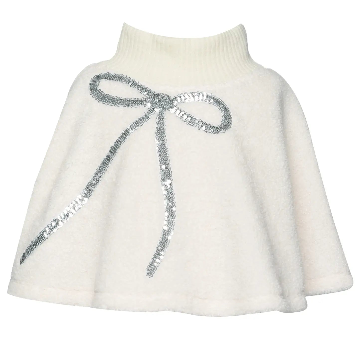 White knit sherpa poncho with a silver sequin bow on a white background