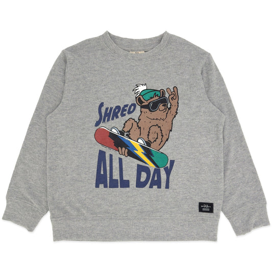 Gray sweatshirt with bear graphic and 'Shred All Day' text on a white background