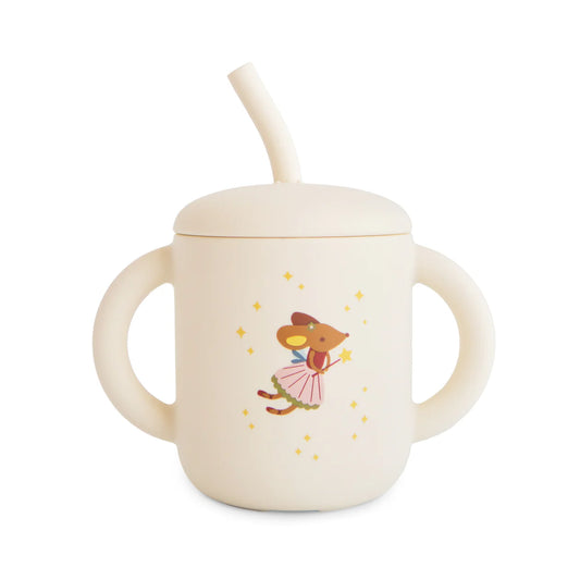 Children's sippy cup with a lid and straw featuring a mouse design on a white background