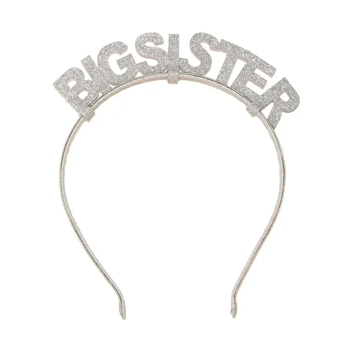 A silver glitter 'BIG SISTER' party headband on a solid white background.