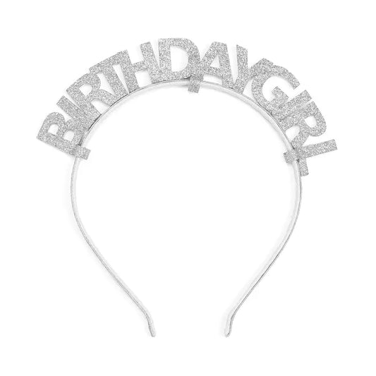 Silver 'BIRTHDAY GIRL' headband on a white background