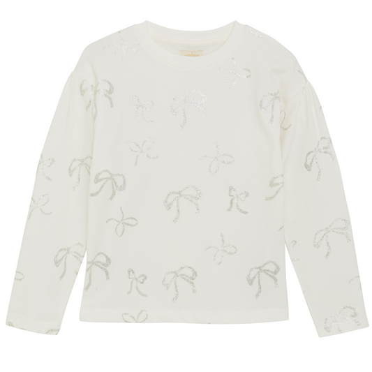A cream long-sleeved top with silver bow patterns
