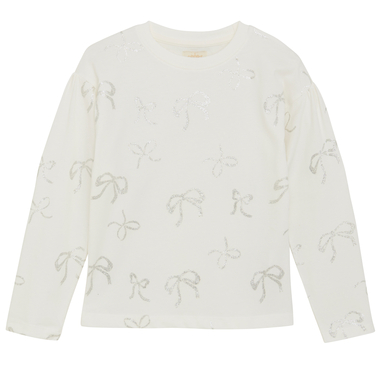 A cream long-sleeved top with silver bow patterns