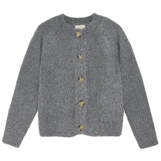 A light grey glitter cardigan with long sleeves and button closures on the front, laid flat on a white background.