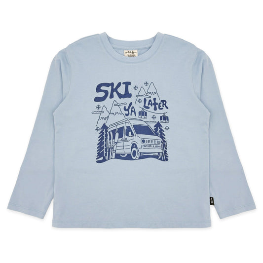 Light blue long-sleeve shirt with graphic design on a white background