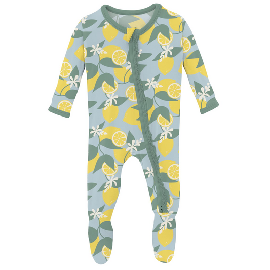 Baby footie with lemon pattern on a white background