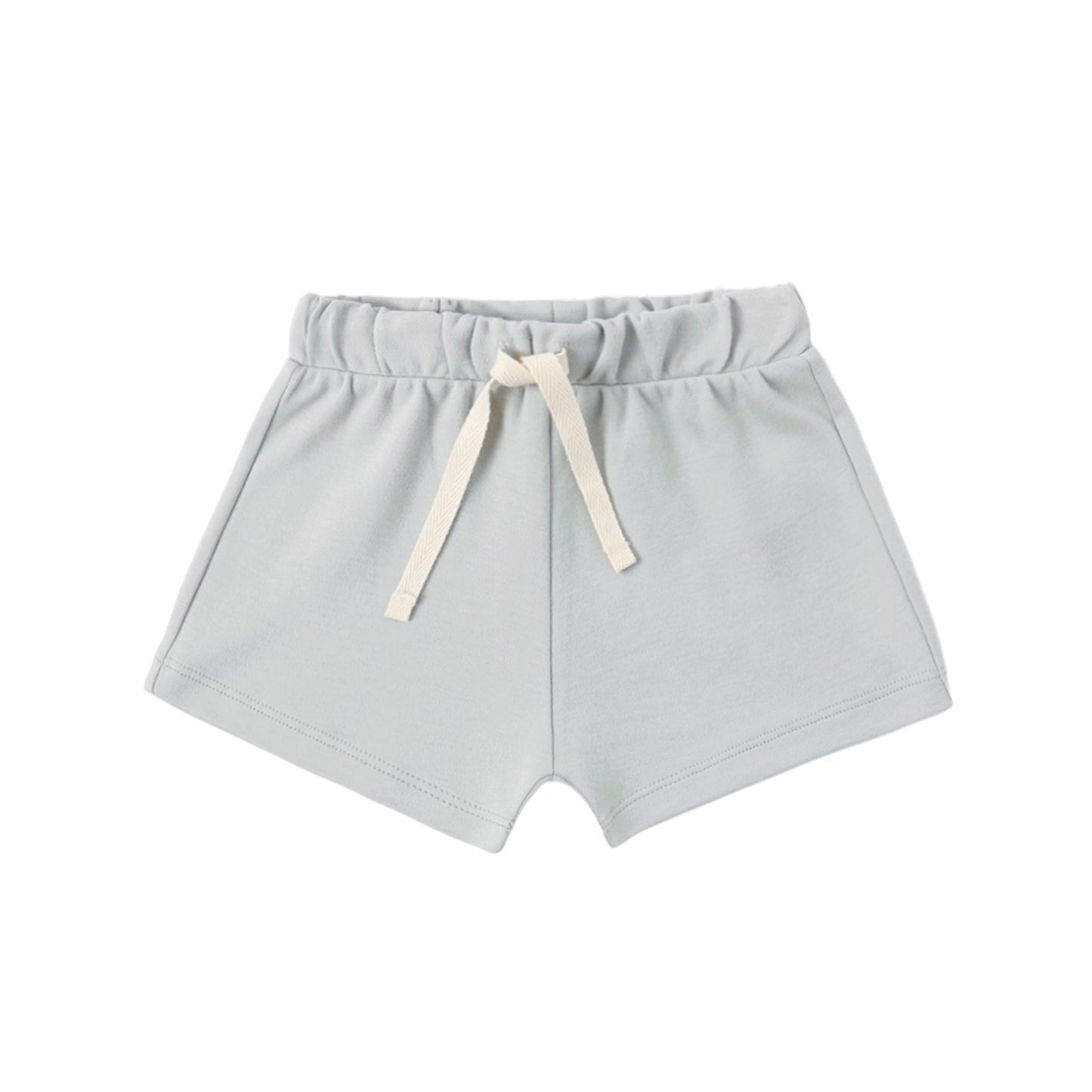 Grey-ish blue shorts with a white drawstring 