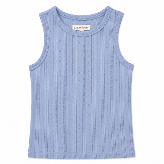 Blue sleeveless tank with floral pattern