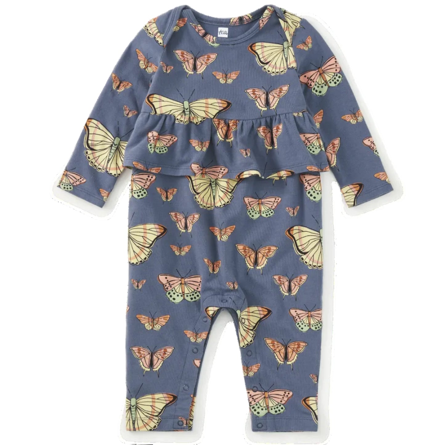 A baby long-sleeve romper in slate blue with an all-over butterfly print, featuring a ruffled peplum waist and snap closures at the crotch, shown flat on a white background.