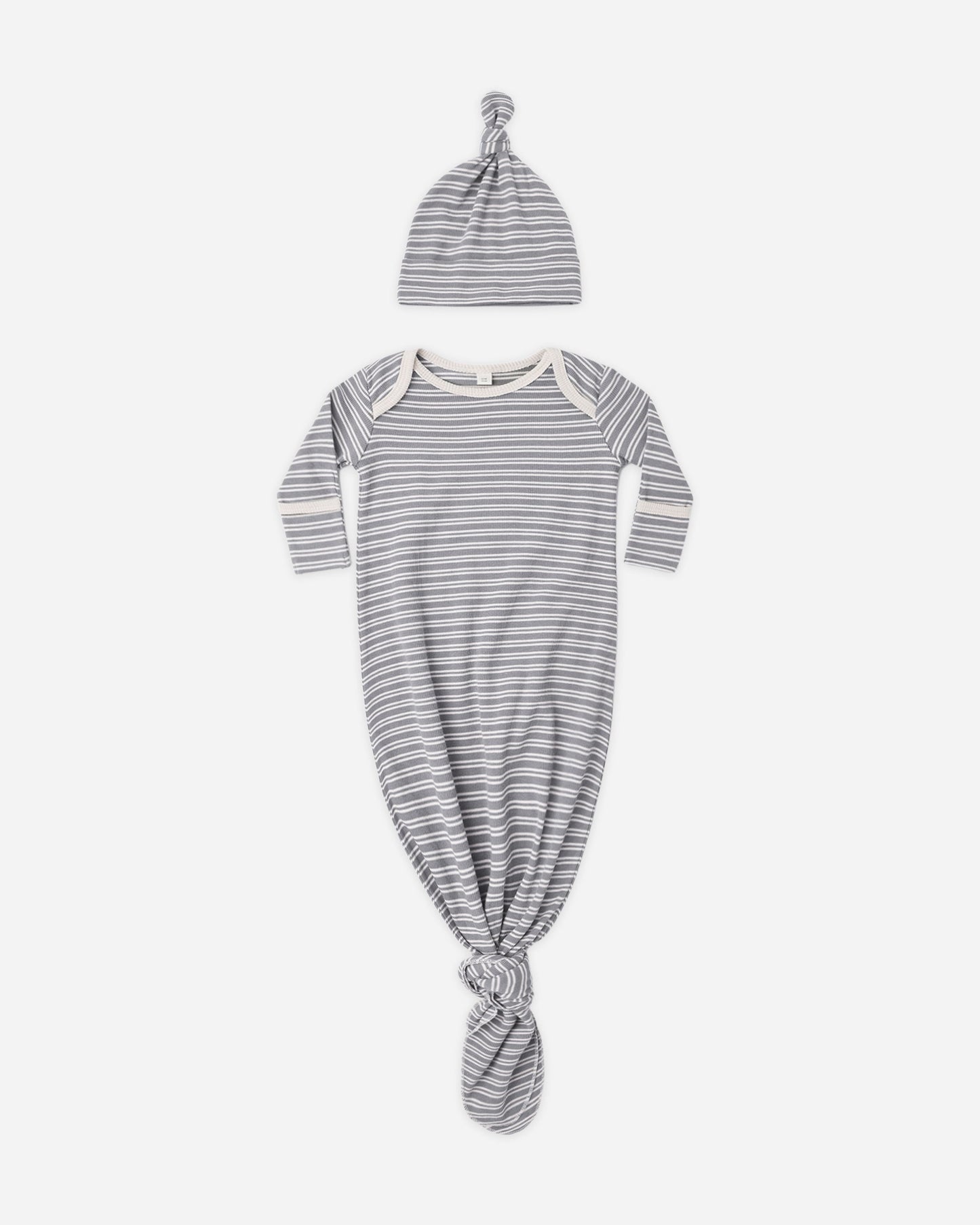 Slate Microstripe Gown + Hat flat lay - Quincy Mae organic cotton knotted baby gown and hat set