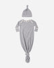 Slate Microstripe Gown + Hat flat lay - Quincy Mae organic cotton knotted baby gown and hat set
