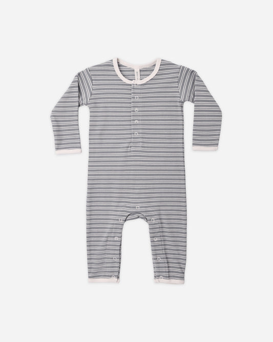 Slate Microstripe Ribbed Romper flat lay - Quincy Mae organic cotton ribbed jumpsuit