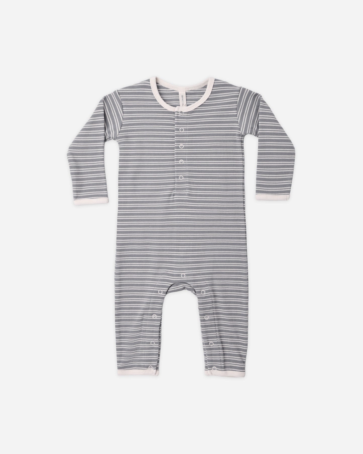 Slate Microstripe Ribbed Romper flat lay - Quincy Mae organic cotton ribbed jumpsuit