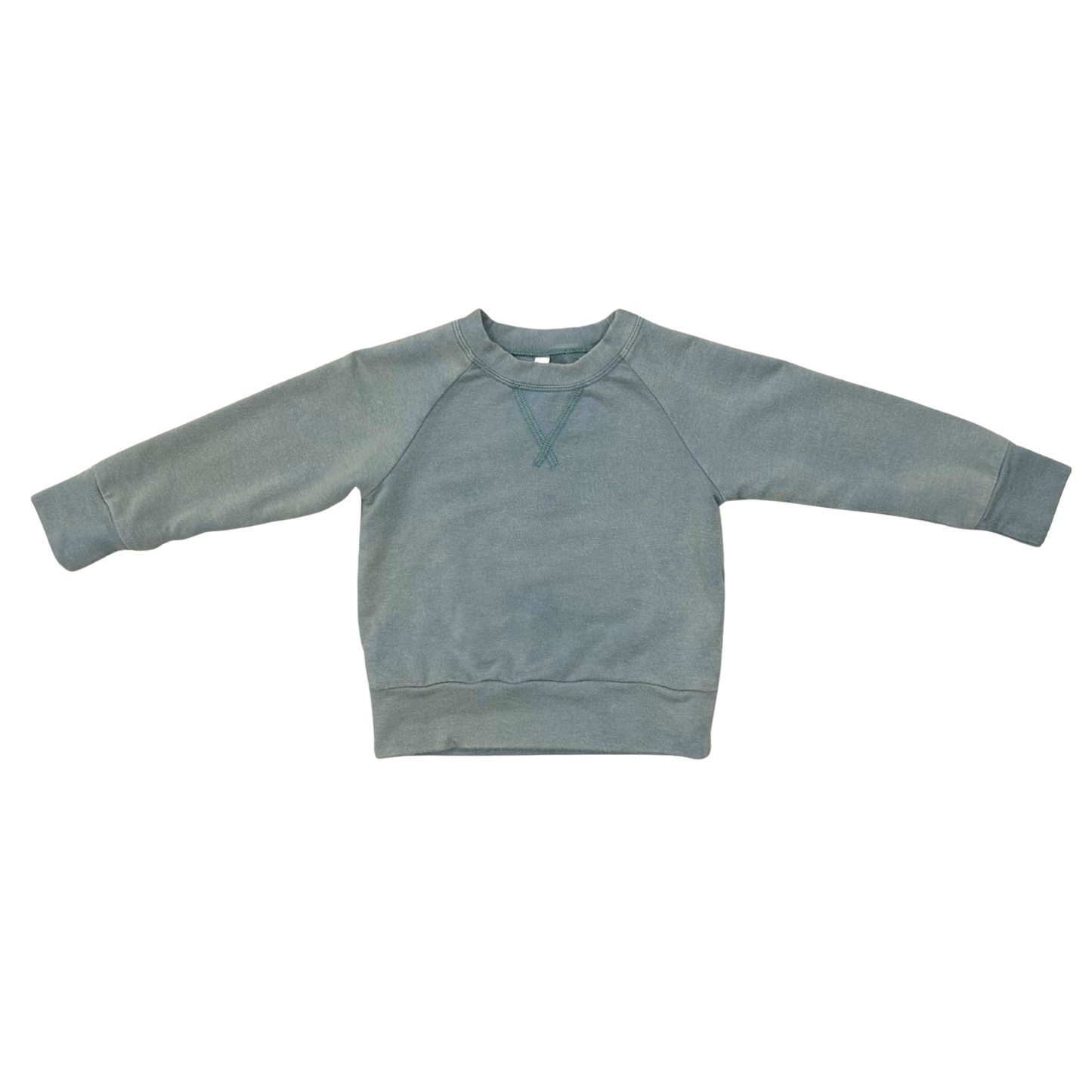 A long-sleeve raglan sweatshirt in a muted, washed slate blue-gray color, laid flat against a solid white background.