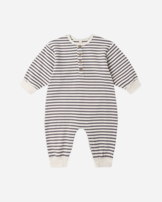 Slate Stripe Henley Jumpsuit flat lay - Quincy Mae organic cotton jumpsuit, slate stripe