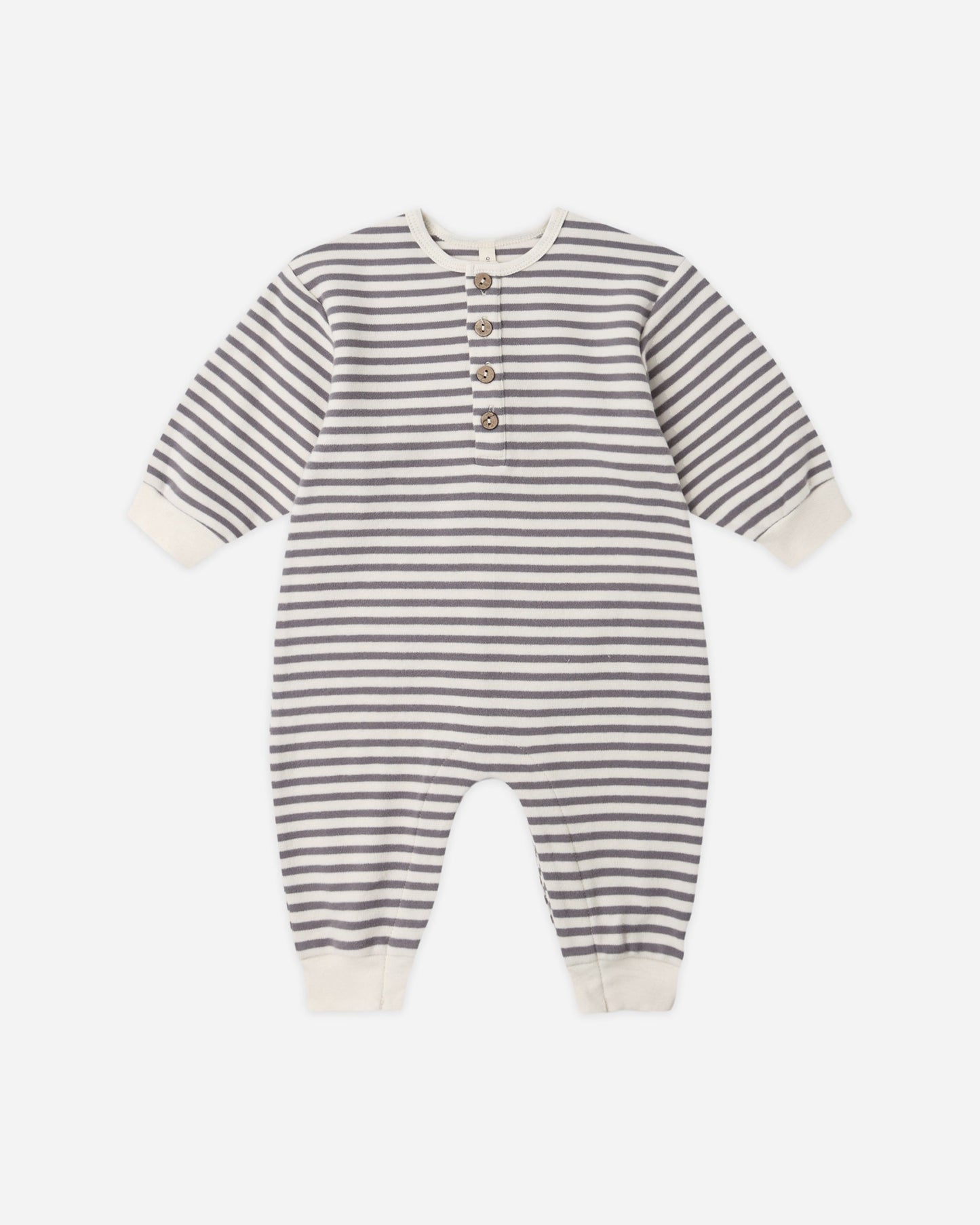 Slate Stripe Henley Jumpsuit flat lay - Quincy Mae organic cotton jumpsuit, slate stripe