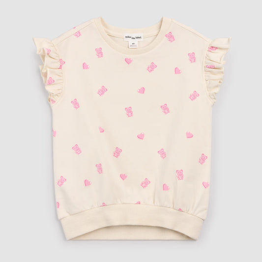 Cream sleeveless top with pink gummy bears and heart patterns 