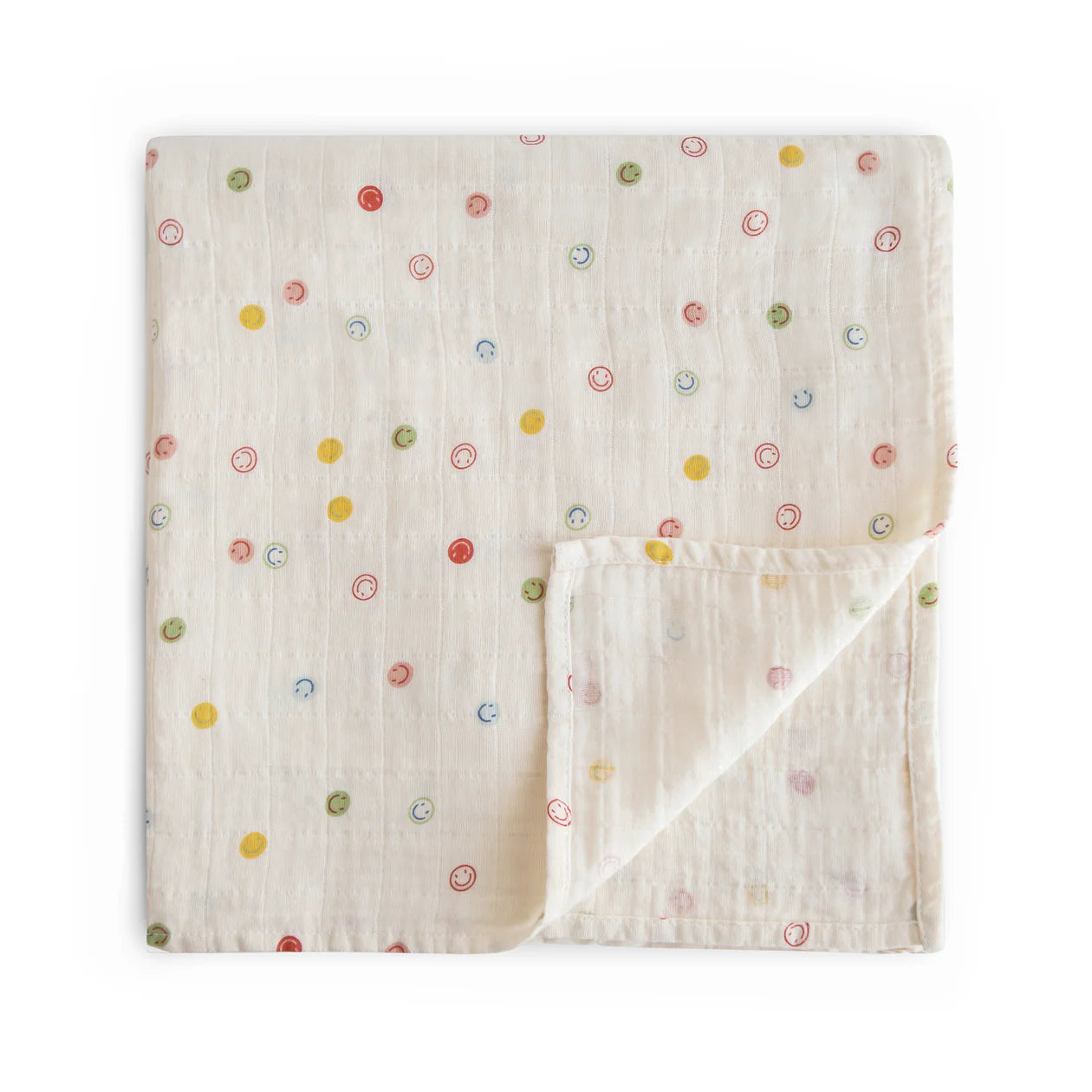 Baby blanket with colorful polka dot pattern on a white background